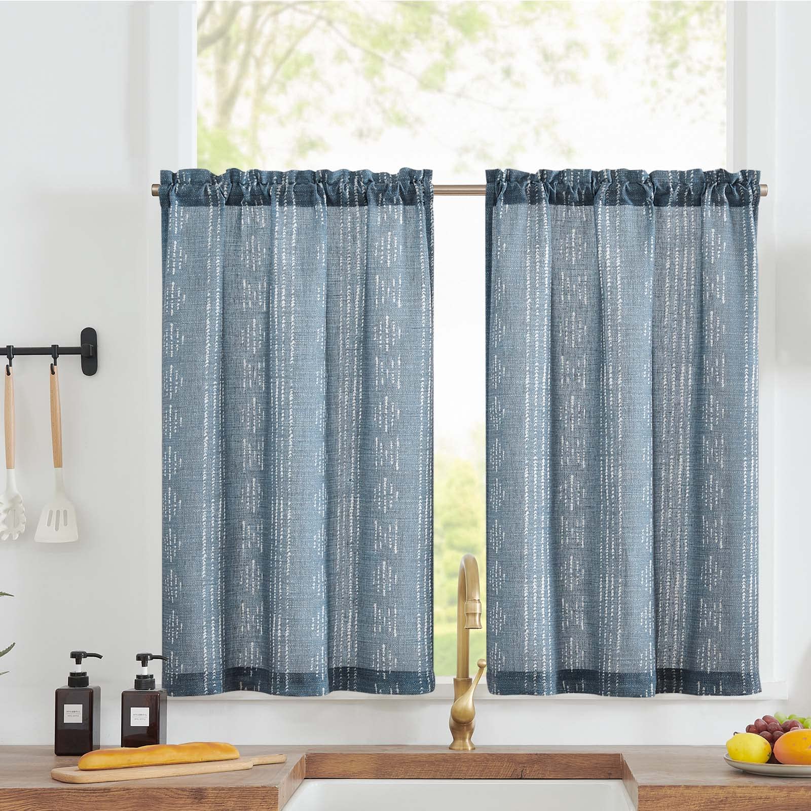 Jinchan Boho Kitchen Curtains Linen Tier Curtains 36 Inch Bohemian Cafe Curtains Geometric Striped Small Window Curtains Light Filtering Farmhouse Country Rustic For Rv Bathroom 2 Panels Blue